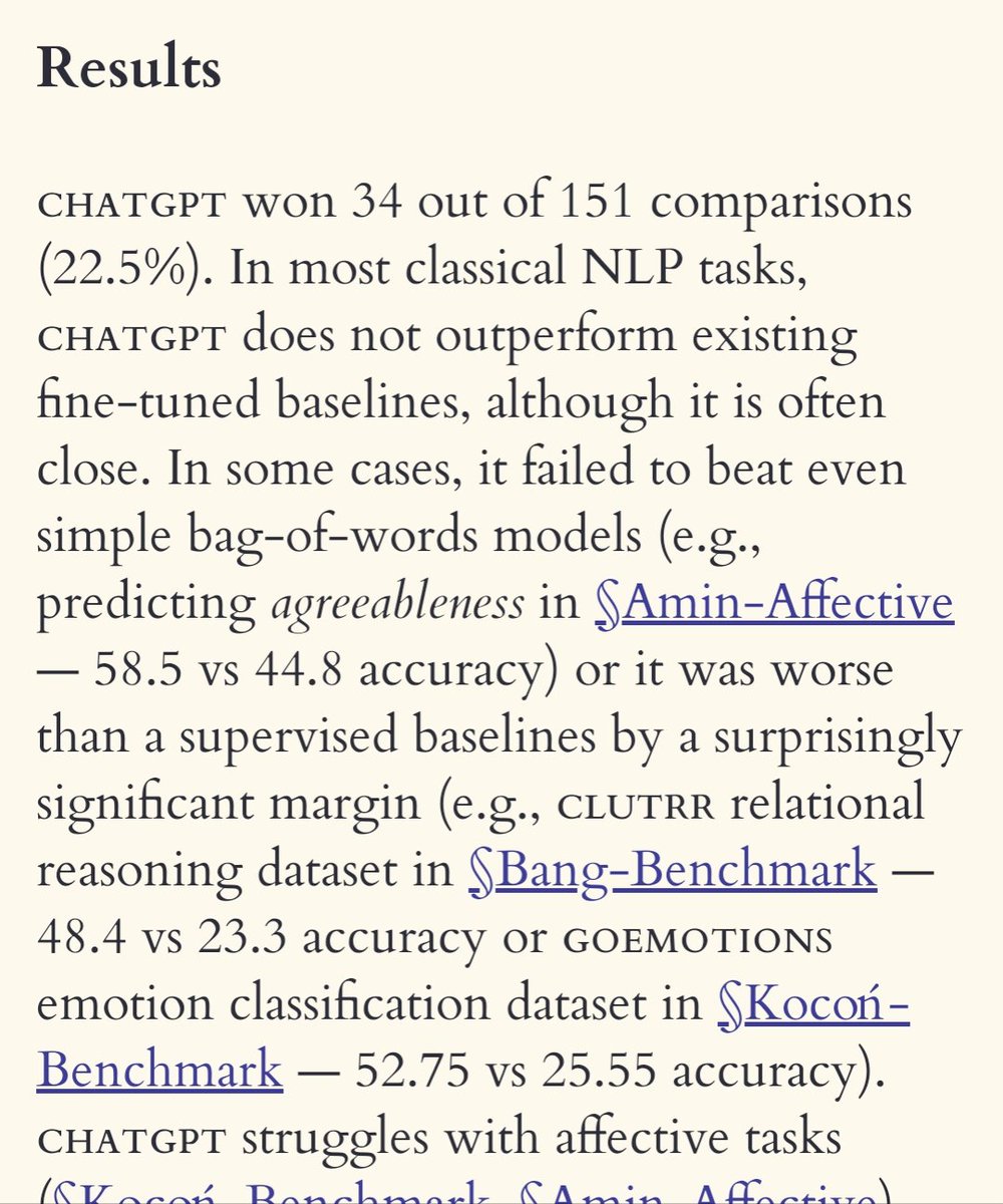 ChatGPT not best at many language tasks. It's outranked by other systems on many NLP benchmarks in current evaluation. For 77.5% of tasks examined, other systems are better than ChatGPT. opensamizdat.com/posts/chatgpt_…