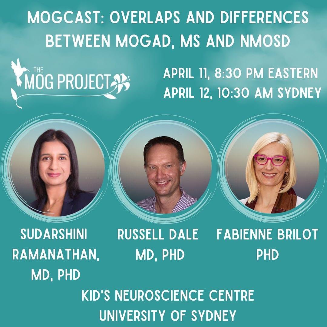 TheMOGProject's tweet photo. SAVE THE DATE - MOGcast Podcast alert on the HOTTEST topic in Neuroimmunology. Overlaps &amp; differences between #MOGAD. #MS #NMOSD with our Australian experts @darshi_r, @FabienneBrilot &amp; @RussellCDale with our co-hosts @JustJen_K &amp; Julia L. Link 👉🏻 https://t.co/rNizbDcneA 🧠👁️ https://t.co/qZoYP2QgtH