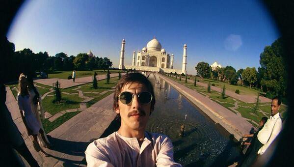 23 year old George Harrison taking a selfie at the Taj Mahal, India,1966.