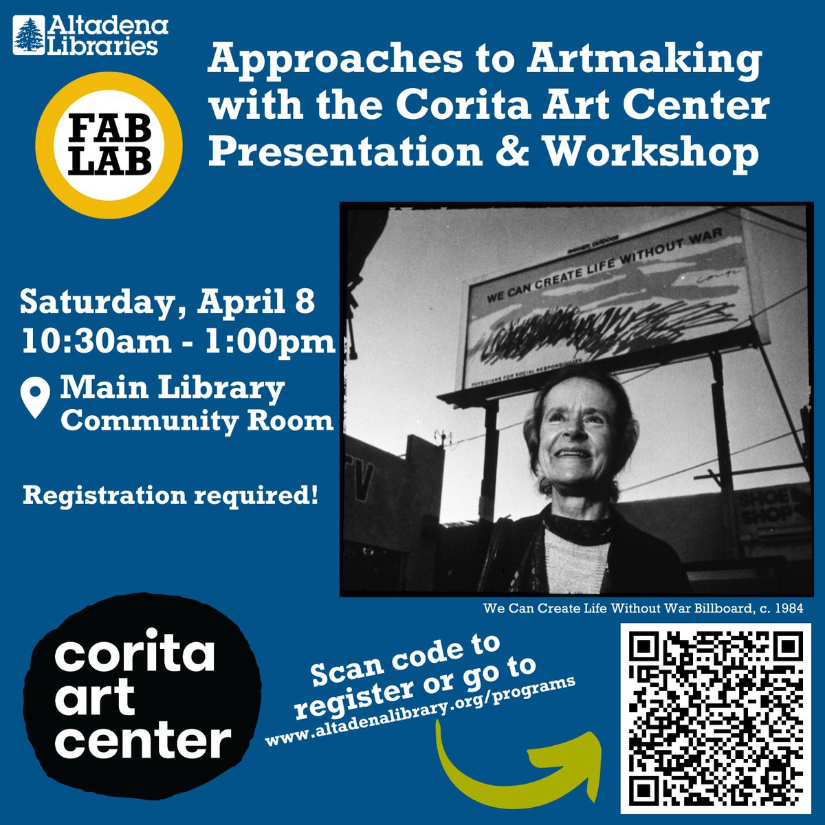 Join @CoritaArtCenter and Altadena Library on Sat, 4/8, 10:30AM-1PM at the Main Library for an art presentation. Learn about Corita Kent and explore her unique ways of approaching artmaking, then participate in a workshop centered on one of her favorite tools: the viewfinder.