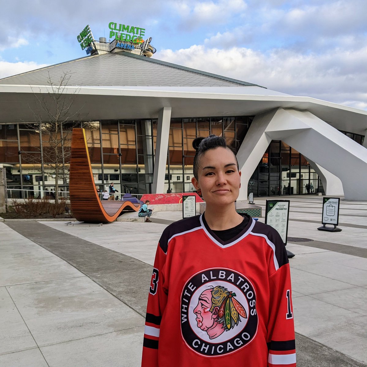 AkidauShaina's tweet photo. Trying out my improved @NHLBlackhawks logo and team name outside of the @SeattleKraken vs Ducks game. Let's hope they feel as roasted as the Ducks are feeling after the first period. 🔥🦆🔥#whereiroot https://t.co/gniM3Kxoy5