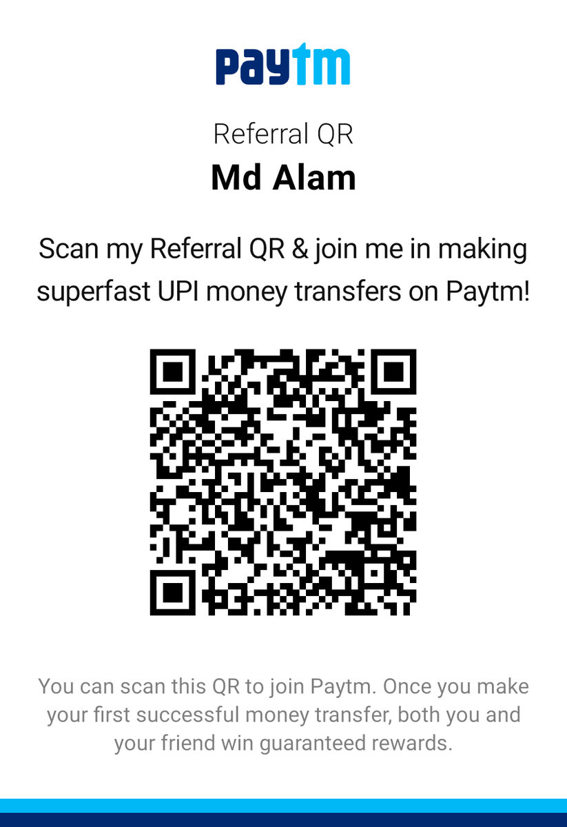 Scan my QR and join me in making superfast UPI money transfers on Paytm!
Get up to ₹100 Cashback by sending ₹1 to my number. Hurry! Offer expires in 7 days.