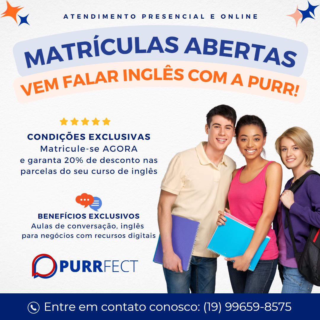 purridiomas's tweet photo. 🚨MATRÍCULAS ABERTAS! Curso do básico ao avançado!

⏰Agende agora uma experiência com a PURRFECT e
descubra na prática a nossa metodologia🤩

🇺🇸SEJA PURRFECT!🇬🇧

🗣Fale inglês com quem tem paixão pelo idioma💪🏻

📲Whatsapp 19 99659-8575  

#ingles #inglês #limeirasp https://t.co/tVrfcYq7vl