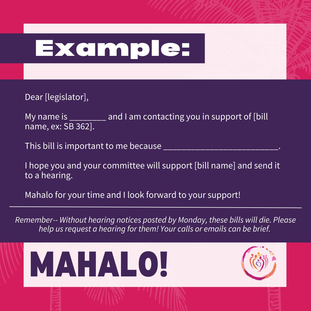 Without hearing notices posted by Monday, these bills will die. Please help us request a hearing for them! Call or email these legislators today and don't forget to let them know if you're in their district. Let's do this.

Learn more about each bill at capitol.hawaii.gov.
