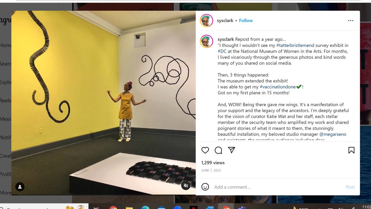 Georgia22006's tweet photo. Sonya Clark posted about her excitement concerning the exhibition of over 100 pieces of her artwork. Her work really intrigues me as she often uses physical objects such as combs to create her pieces.  #ARTH287ArtonInsta 
https://t.co/5MLrhZiY7v https://t.co/0RIQPgtvnF