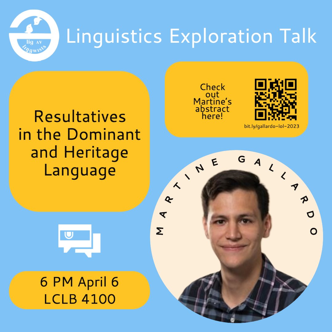 LOL_UIUC's tweet photo. Hi everyone!

Join us next week on April 6 at 6 PM in LCLB/FLB 4100 for a ling exploration presented by Martine Gallardo!

He's going to talk about his work on resultatives in the context of Spanish heritage speakers. You can check out his abstract here: https://t.co/JHutAjCQcO https://t.co/0JTDst2qso