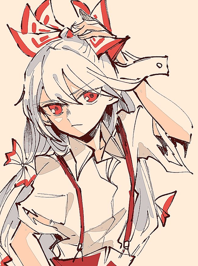 fujiwara no mokou 1girl solo red eyes long hair shirt bow white shirt  illustration images