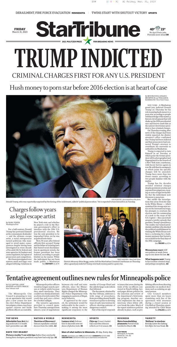 The front page of Friday's <a href="/StarTribune/">The Minnesota Star Tribune</a>, drawn by <a href="/jllovett/">Jake Lovett</a>.