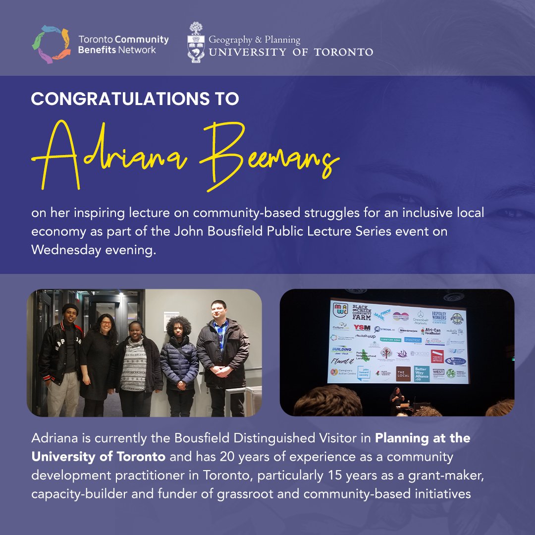 Congratulations to <a href="/adrianabeemans/">Adriana Beemans</a> on her inspiring lecture on community-based struggles for an inclusive local economy as part of the John Bousfield Public Lecture Series event on Wednesday evening. 

Adriana was named the Bousfield Distinguished Visitor in Planning by <a href="/UofT/">University of Toronto</a>.