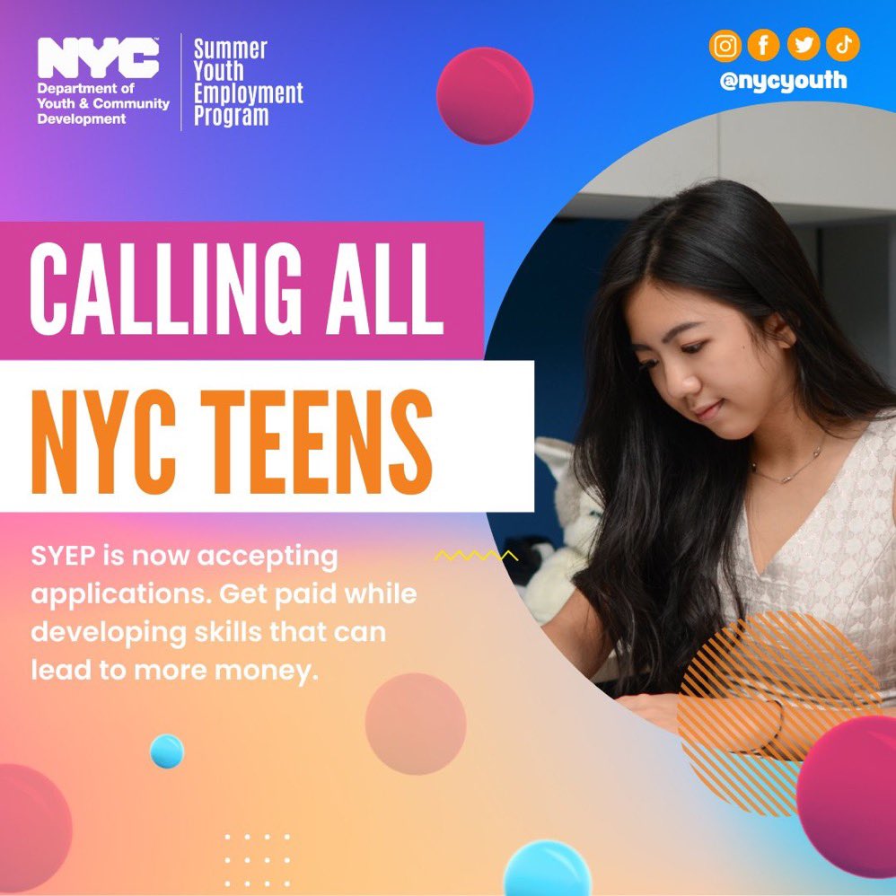 REMINDER: Tomorrow is the deadline for the 2023 Summer Youth Employment Program (SYEP). Apply today for #SYEP and gain valuable paid experience and career skills. Apply Now: @NYCYouth: nyc.gov/syep #DYCD #NYCSYEP