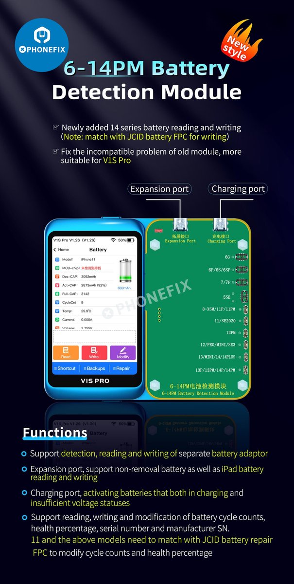 diyfixphone2's tweet image. 🎉Good News!
#iPhone 6-14PM battery detection module is new

🙋Added 14 series battery reading and writing(Note: write FPC with #JCID
battery)

It can fix old module incompatibility issues, suitable for V1S Pro

Support detection, reading and writing of separate battery adapters