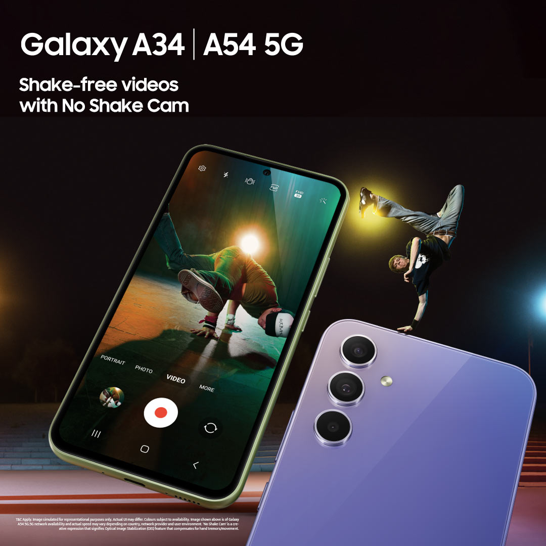 SamsungNepal's tweet photo. Experience #GalaxyA34 5G and #GalaxyA54 5G's Awesome videos with #VDIS , a wider #NoShakeCam angle, #Autoframing.
#AwesomeIsForEveryone #AmpYourAwesome #AwesomeGalaxyA #Samsung https://t.co/moqrgkNk0N