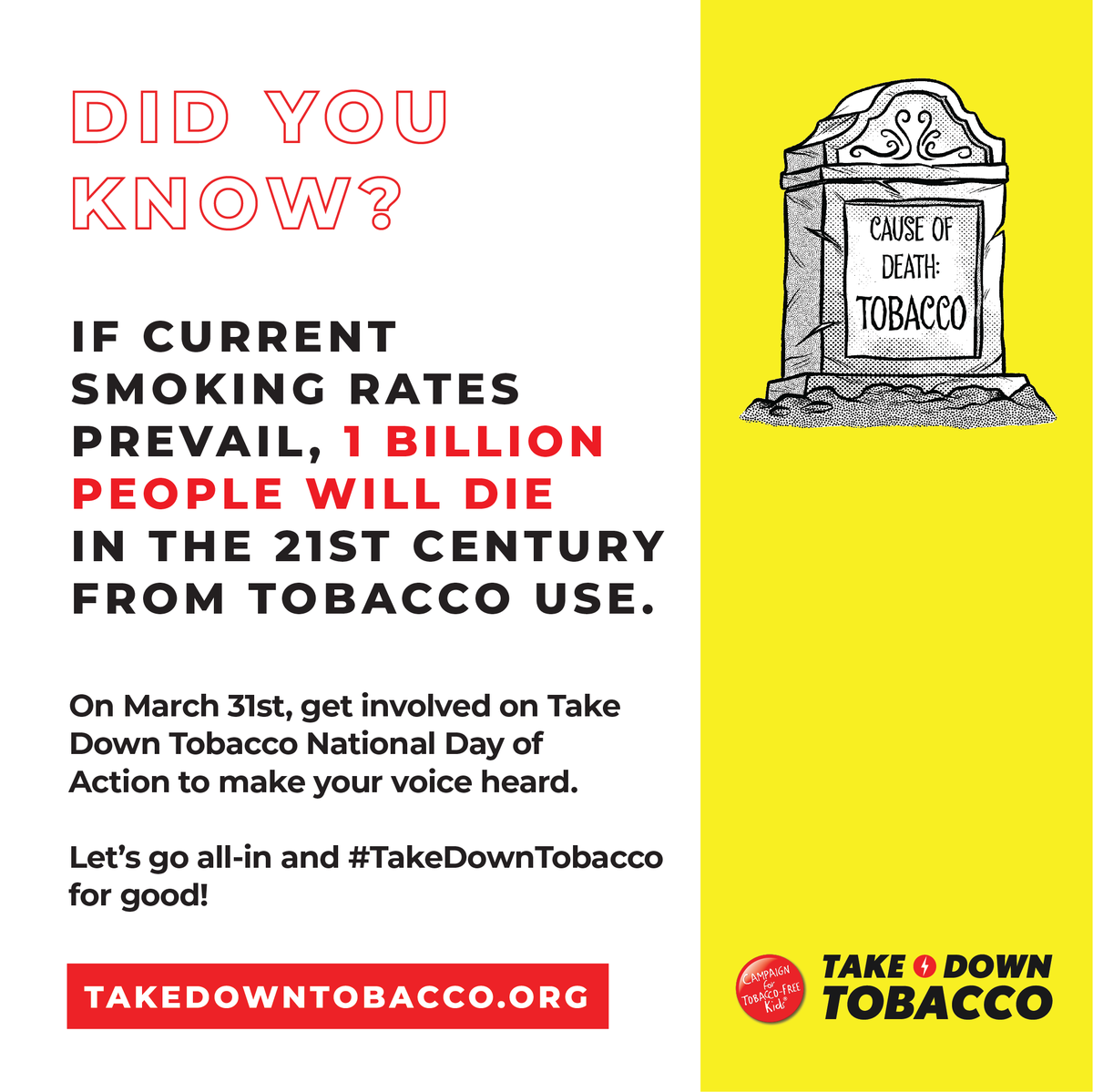 #DYK over 2.5 million kids in the U.S. use e-cigarettes? This is unacceptable! 😡 That’s why young people and advocates are rallying across the country for #TakeDownTobacco National Day of Action. Find out how you can get involved @ TakeDownTobacco.org