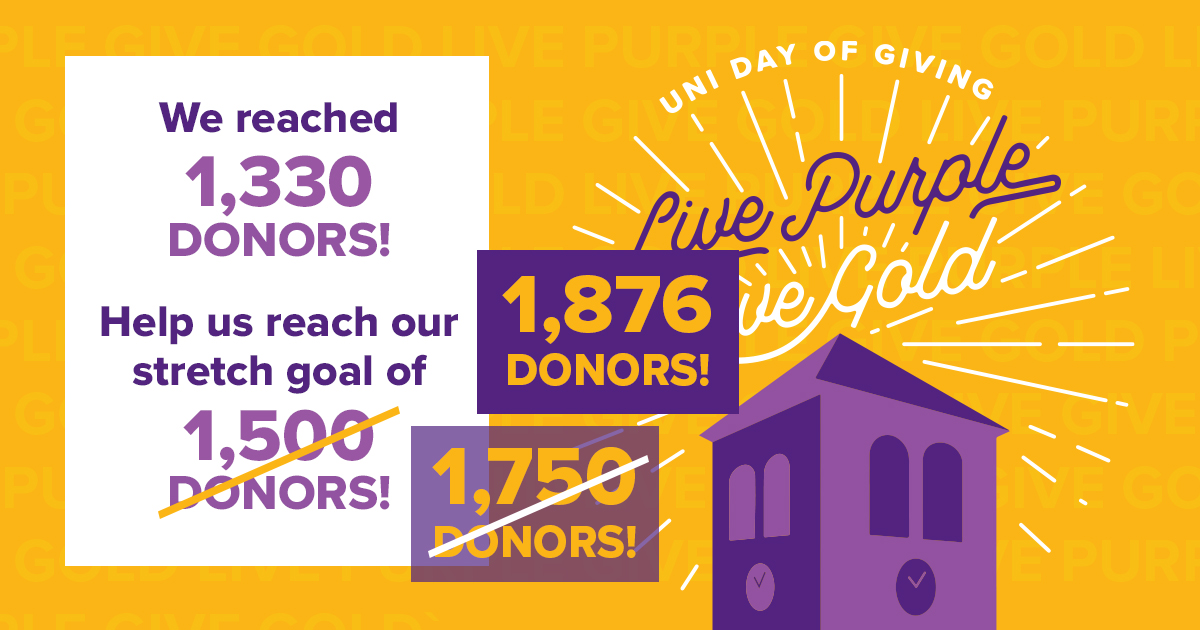 Panthers, you are CRUSHING it! 💪 Two hours left 'til midnight to reach our SUPER STRETCH goal of 1,876 donors in honor of UNI's founding year, 1876. 
✅ 1,330 donor goal
✅ 1,500 donor stretch goal
✅ 1,750 donor stretch goal
🟩 1,876 donor stretch goal
givecampus.com/w77nhn