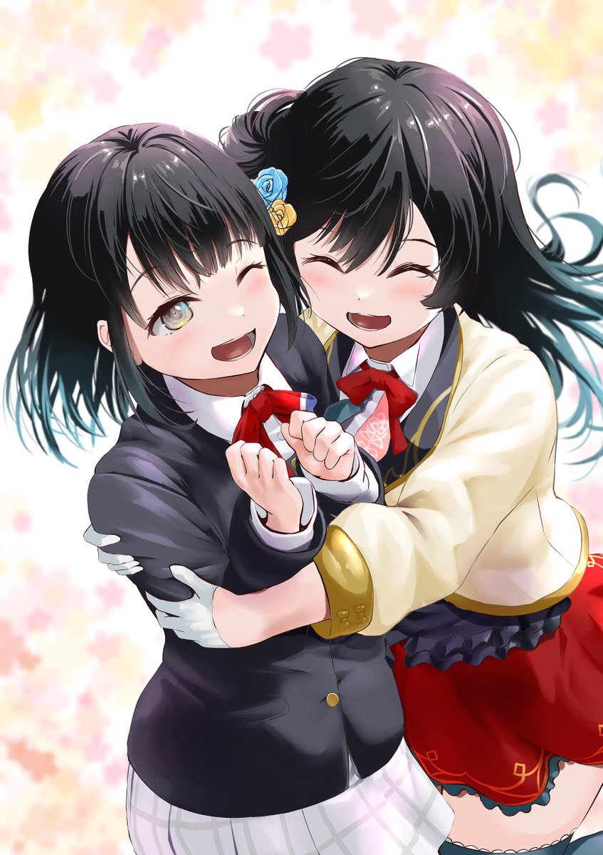 yuuki setsuna (love live!) black hair multiple girls 2girls nijigasaki academy school uniform school uniform hug grey eyes  illustration images
