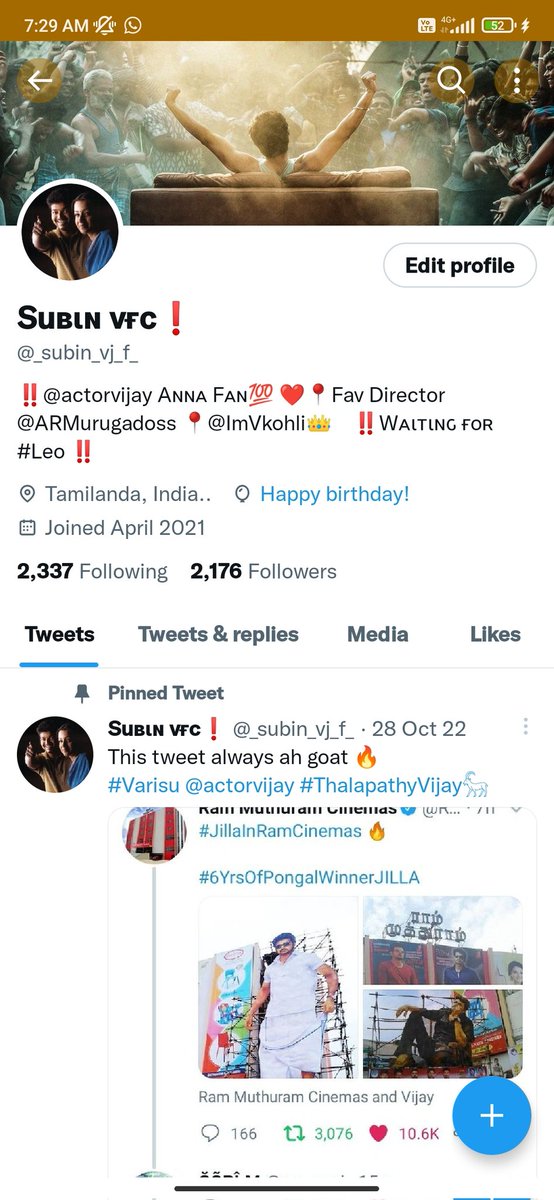 _subin_vj_f_'s tweet photo. Today is my birthday 🎂🥳 Thankyou twitter 🎈. ..
#Leo @actorvijay ❤️ https://t.co/VSmYuc6GqS