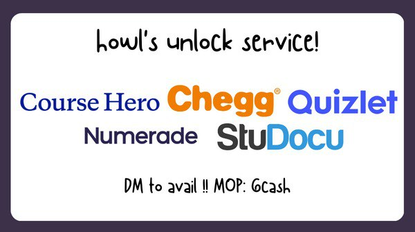 howlservice's tweet photo. unlock per link

- bartleby learn ₱4
- chegg ₱4
- quizlet ₱4
- numerade ₱5
- studocu ₱5
- scribd ₱5
- course hero ₱7

send message lang po to avail !!

lf unblur unblock unlocks ph rush https://t.co/9PnF720mJf