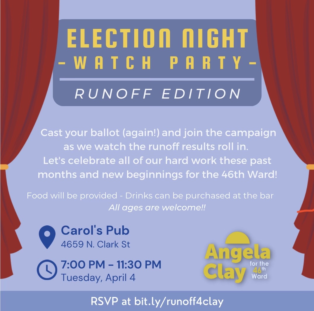 ClayFor46's tweet photo. Cast your ballot (again!) and join us on Tuesday at Carol's Pub at 7 pm for one last celebration to watch the runoff results roll in! Our campaign hosted hard for the past few months, and we have so much to be proud of. The food, drinks, and fun are open to EVERYONE! https://t.co/Nx3Lv38SB5