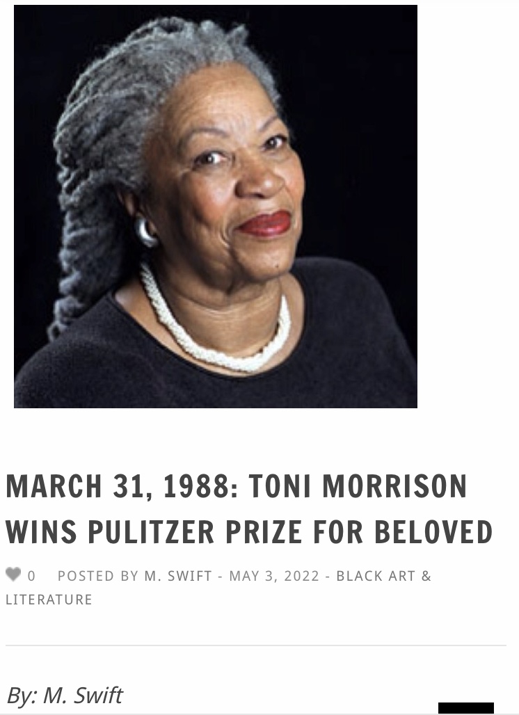 AyizeS's tweet photo. #TodayIn BlackHistory 3/31 #ToniMorrison #Author &amp; #Novelist Wins the #PulitzerPrize in Fiction for #Beloved! ⁦@queenie4rmnola ⁦@historianspeaks⁩ ⁦@DrPreston1913⁩ ⁦@dijoni⁩ ⁦@clnfairfax⁩ @uniqueloves⁩ ⁦@GRevmgbrown4 see:
https://t.co/hOvqi4tade https://t.co/3XlwxxJAZm