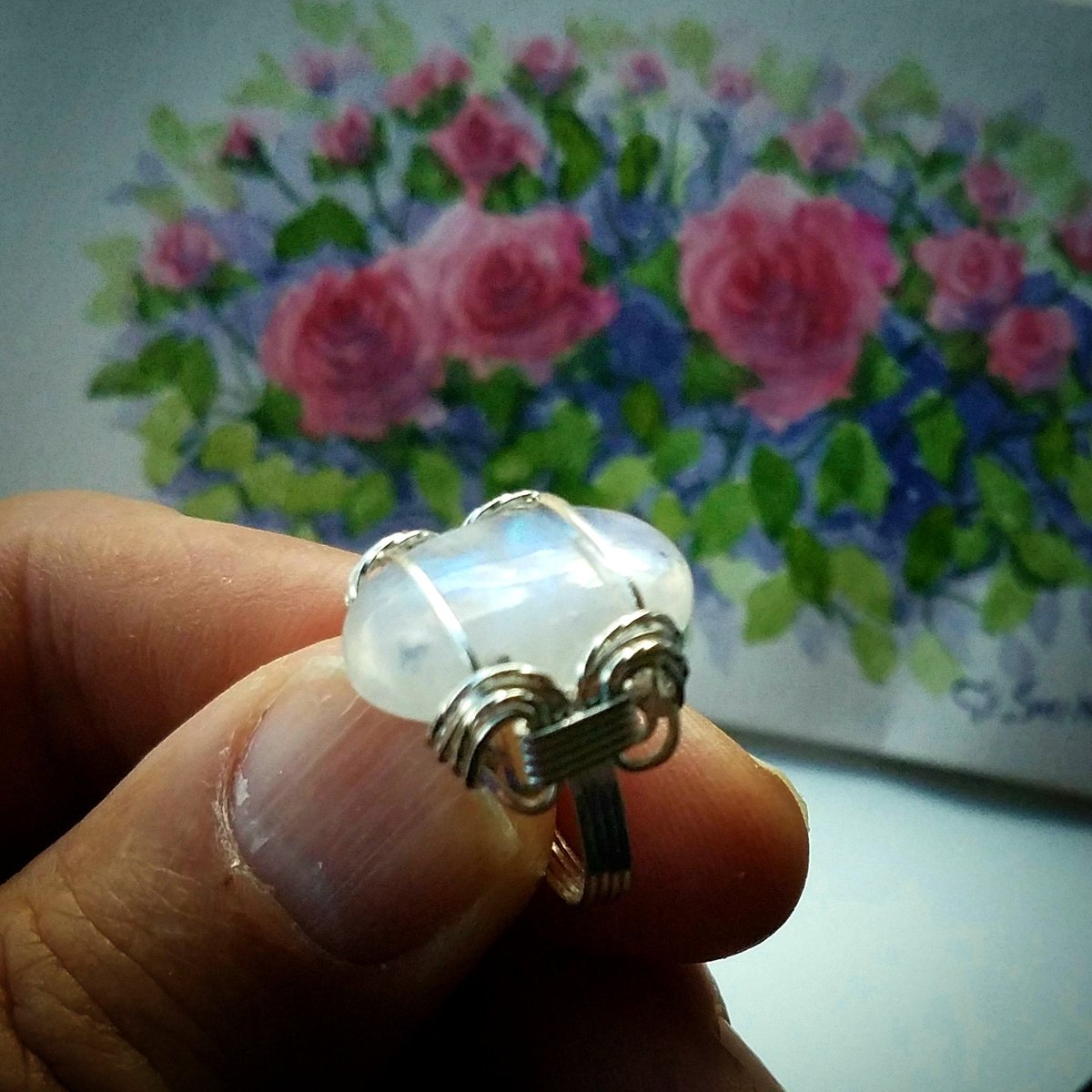 FREE SHIPPING White With Blue Flash Moonstone Ring Wire Wrapped Jewelry Handmade in SIlver tuppu.net/38b9cfdf #handmade #jewelry #EarthArtsNW #giftsforher #Etsy #WhiteMoonstone