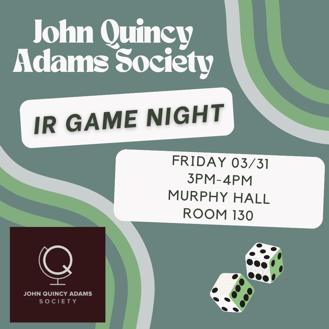 Join us this Friday as we have International Relations Game Night! We'll be meeting from 3pm-4pm in Murphy Hall Room 130. As always, free pizza will be available. See you there !! 😎