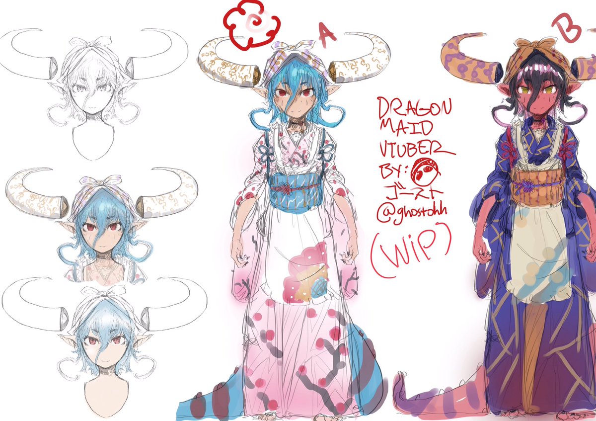 ghostohh's tweet photo. Here’s the two color roughs we came up with on stream. I think I’m going to go pink and blue this time. If you were there, thanks for hanging out❤️👻 #VTuberUprising #Vtuberart #VtuberArtist https://t.co/PamGaNp6sd
