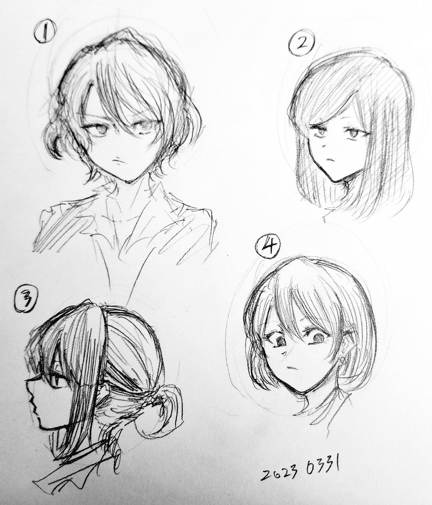アナログ練習。

案件で描くふたなりキャリアウーマン(予定)の髪型を思案中。
個人的には③。
やっぱり後ろで束ねてる髪型が好き。 