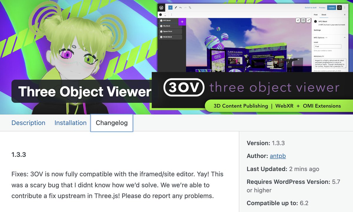 xrpublisher's tweet photo. Happy to report that 3OV is now compatible with the WordPress Site Editor. We're built for the future! https://t.co/iBfb9QXQ4h