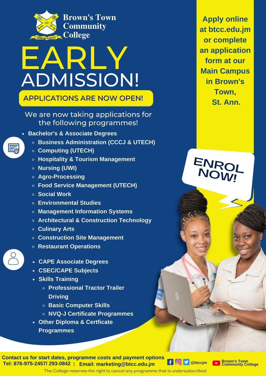 btccjm's tweet photo. Applications are now open for all programmes at BTCC. Apply online at https://t.co/scaS4sssAX or at our offices in Brown's Town, St. Ann.
Secure your spot today! https://t.co/c4vZluBWJT