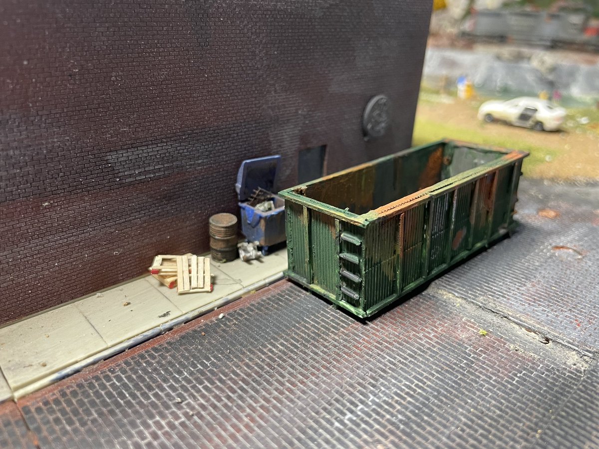 rwagnerful's tweet photo. Built this dumpster. Looks like the theater, the HoJo, and the record store are in big trouble. #lifeinhoscale #dumpster #dumpsterlife #styrene https://t.co/L8ueSZzYoB