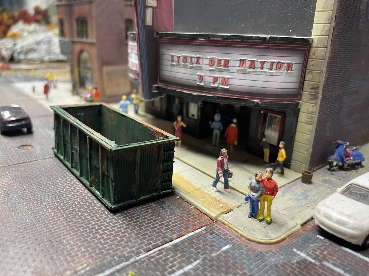 rwagnerful's tweet photo. Built this dumpster. Looks like the theater, the HoJo, and the record store are in big trouble. #lifeinhoscale #dumpster #dumpsterlife #styrene https://t.co/L8ueSZzYoB