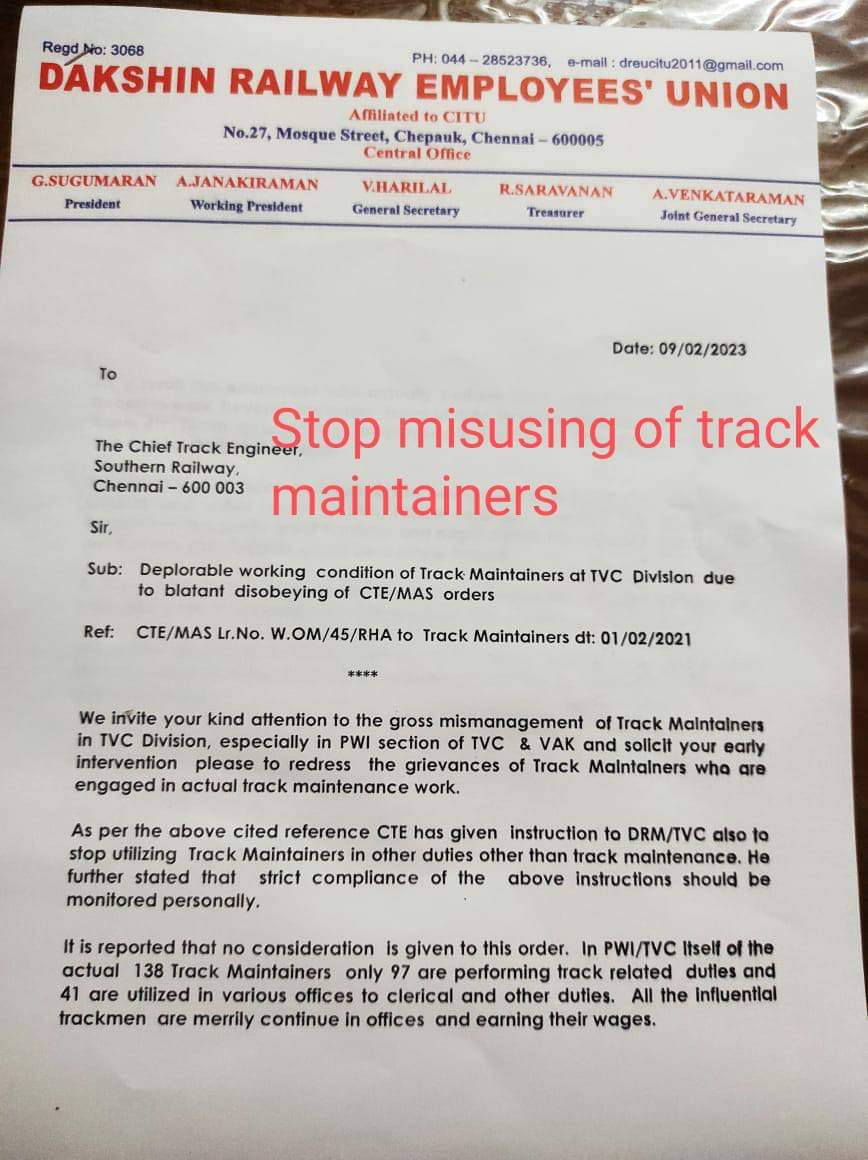 DREU_CITU's tweet photo. We invite your kind attention to the gross mismanagement of Track Maintainers in TVC Division.
@RailMinIndia  @AshwiniVaishnaw @GMSRailway @TVC138 https://t.co/x7S811yNDL