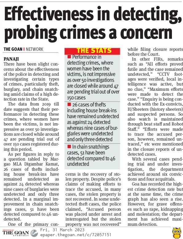 KholkarAjay's tweet photo. @spnorthgoa @DGP_Goa have a look at this article published today.."Effectiveness in detecting probing crimes a concern"
@goacm https://t.co/qvyqpMMnjS