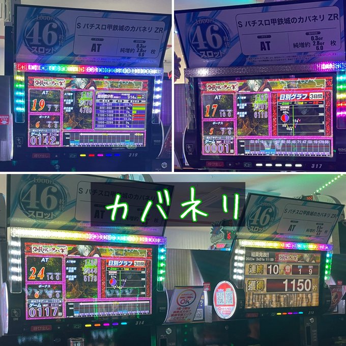 🦖お昼状況🦖🎰カバネリ全体的に📈皆さん粘られてるし配分よい🎰ペルソナ金トロみられたと報告あり🏆🎰L鏡全台よさそう📈🎰幼女