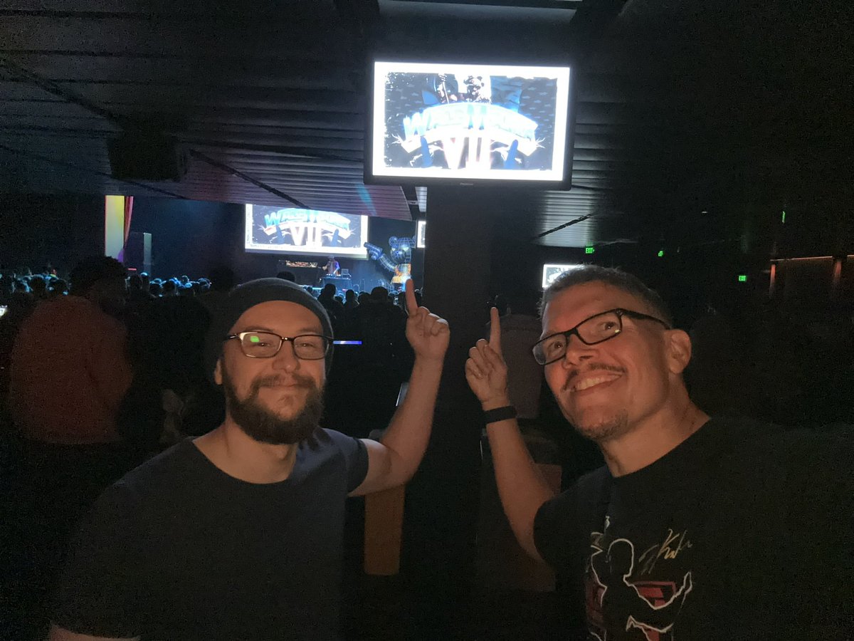 DonFUBAR's tweet photo. Just @the_cheap_pop and I enjoying #WaleManiaVII ready for #Wrestlemania weekend #PointToTheSign @Wale #Walemania https://t.co/PESoB5Ymuu