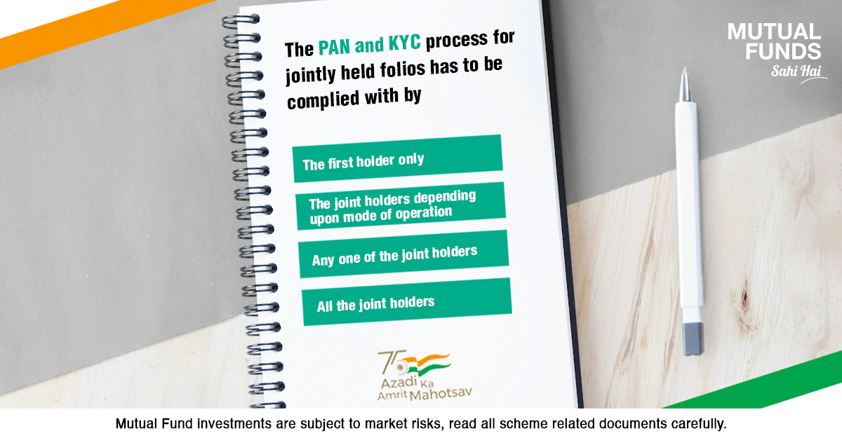 Attention investors! To avoid any compliance issues, it's important to know who needs to comply with the PAN and KYC process for jointly held folios. Can you select the correct option? View T&amp;Cs: zurl.co/CY8e

#AzadiKaAmritMahotsav #MutualFundsSahiHai