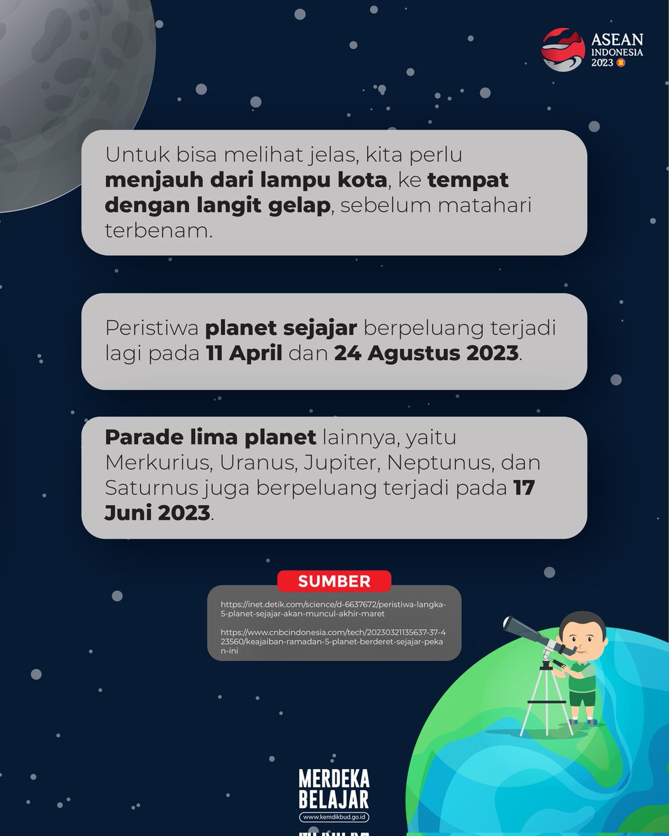 Kemdikdasmen's tweet photo. Tahukah #SahabatDikbud kalau pada akhir Maret terjadi fenomena lima planet sejajar? Kelima planet tersebut yaitu Merkurius, Jupiter, Venus, Mars, dan Uranus. Apakah kamu termasuk yang berhasil mengamatinya?

#MerdekaBelajar #SainsDikbud https://t.co/LTtmDgYtSJ