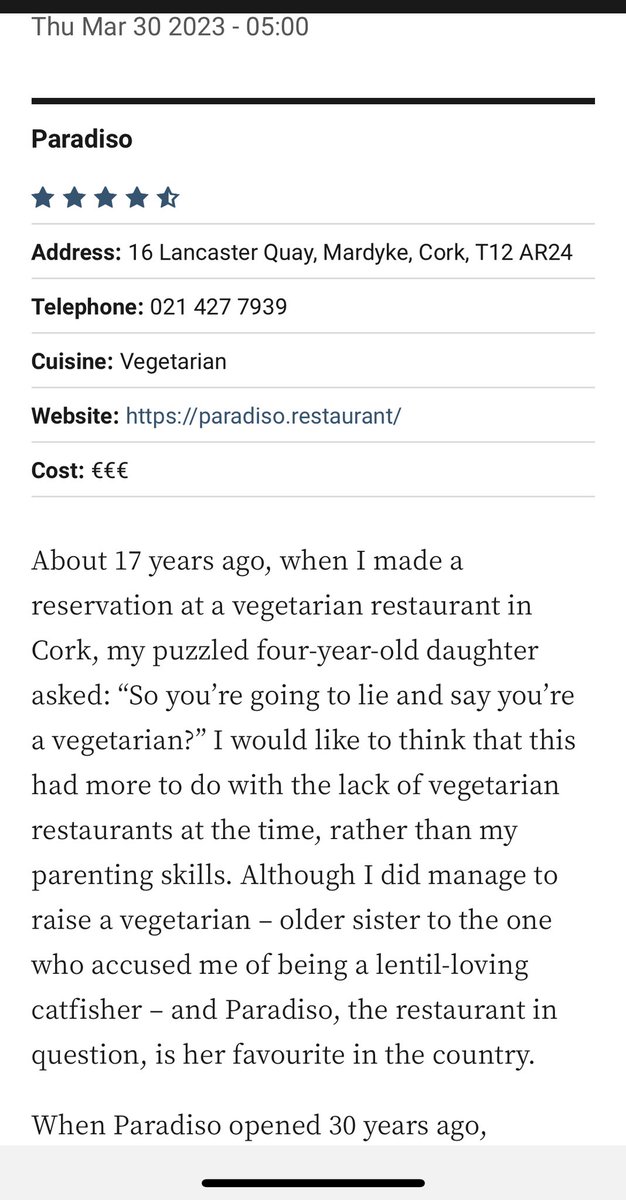 4.5 Star review for <a href="/paradisocork/">Paradiso</a>  in this weeks <a href="/IrishTimesMag/">Irish Times Magazine</a> by <a href="/CorinaHardgrave/">Corinna Hardgrave</a> Denis Cotter and his team well deserve this. Great week for food in Cork .