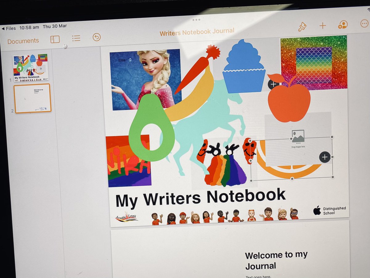 coby_mr's tweet image. So much fun yesterday with G1/2s working on digitising their #WritersNotebooks using Pages. They explored shapes, images and camera to express themselves for their front cover. Excited to see the stories they share this year!!! 🤩 #ACPS