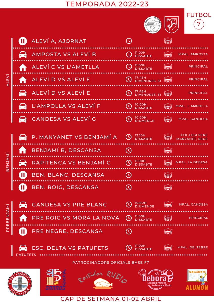 ⚽️📆 Calendari de partits per al cap de setmana abans de ľaturada per vacances de Setmana Santa on alguns dels nostres equips participaran en diversos tornejos. 🔴⚪⚫
#3cat1 #ueteamateur #uetebase #Formacio #FCF #ConsellEsportiuBaixEbre #Tortosa #TerresdelEbre