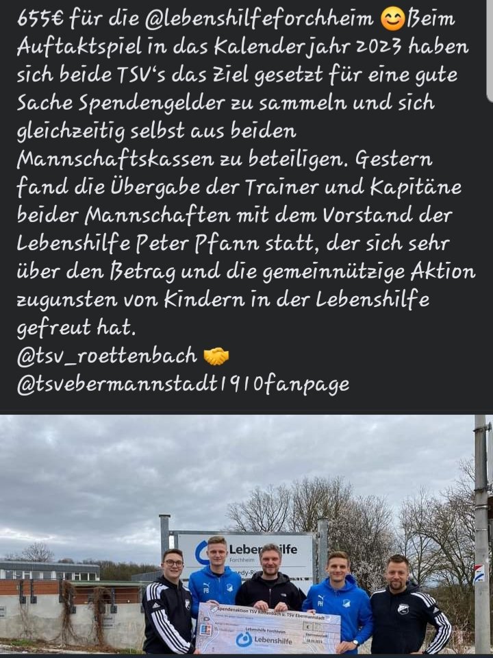 TSV_Ebs_Fan's tweet photo. Noch im Nachtrag eine schöne Aktion zum Spiel gegen den TSV Röttenbach. Gute Aktion beider TSVs für die gute Sache.

Hier der Link zum originalen Facebook-Post:
https://t.co/dqq4z9LMqG https://t.co/fSu4VKHc9A