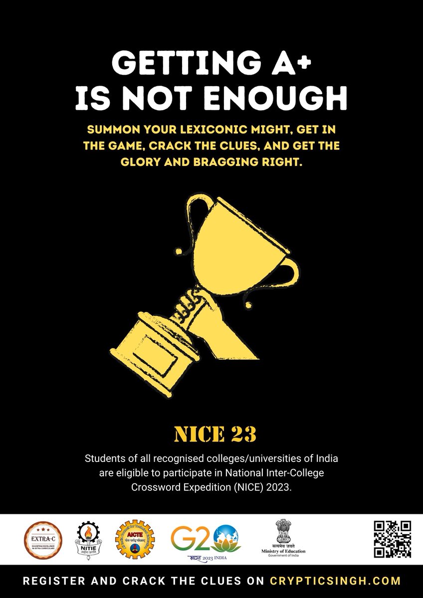 Getting A+ is not enough. Summon your lexiconic might, get in the game, crack the clues, and get the glory and bragging right.

National Inter-College Crossword Expedition (NICE) 2023 is open to students of all recognised colleges/universities.