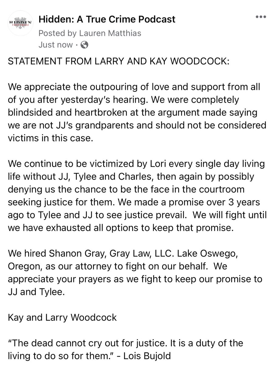 Statement from Kay and Larry Woodcock: