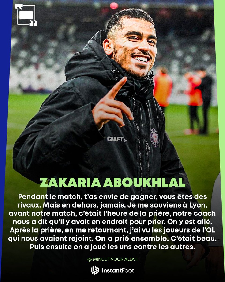 lnstantFoot's tweet photo. La magnifique anecdote de Zakaria Aboukhlal où il raconte qu'avant son match contre l'OL avec Toulouse, les joueurs lyonnais l'ont rejoint lui et ses coéquipiers pour prier ensemble 🤲🏽🤍 https://t.co/0cgDZPWFQJ