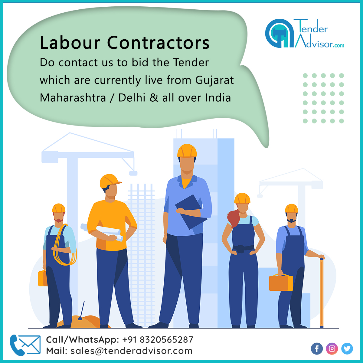 Labour Contractors
Do contact us to bid on the Tender which are currently live from Gujarat / Maharashtra / Delhi and all over India

Do Contact/Whatsapp on +91 8320565287
tenderadvisor.com

#tenderadvisor #labourcontractors #tenders #onlinetenders #tendering #onlinetenders