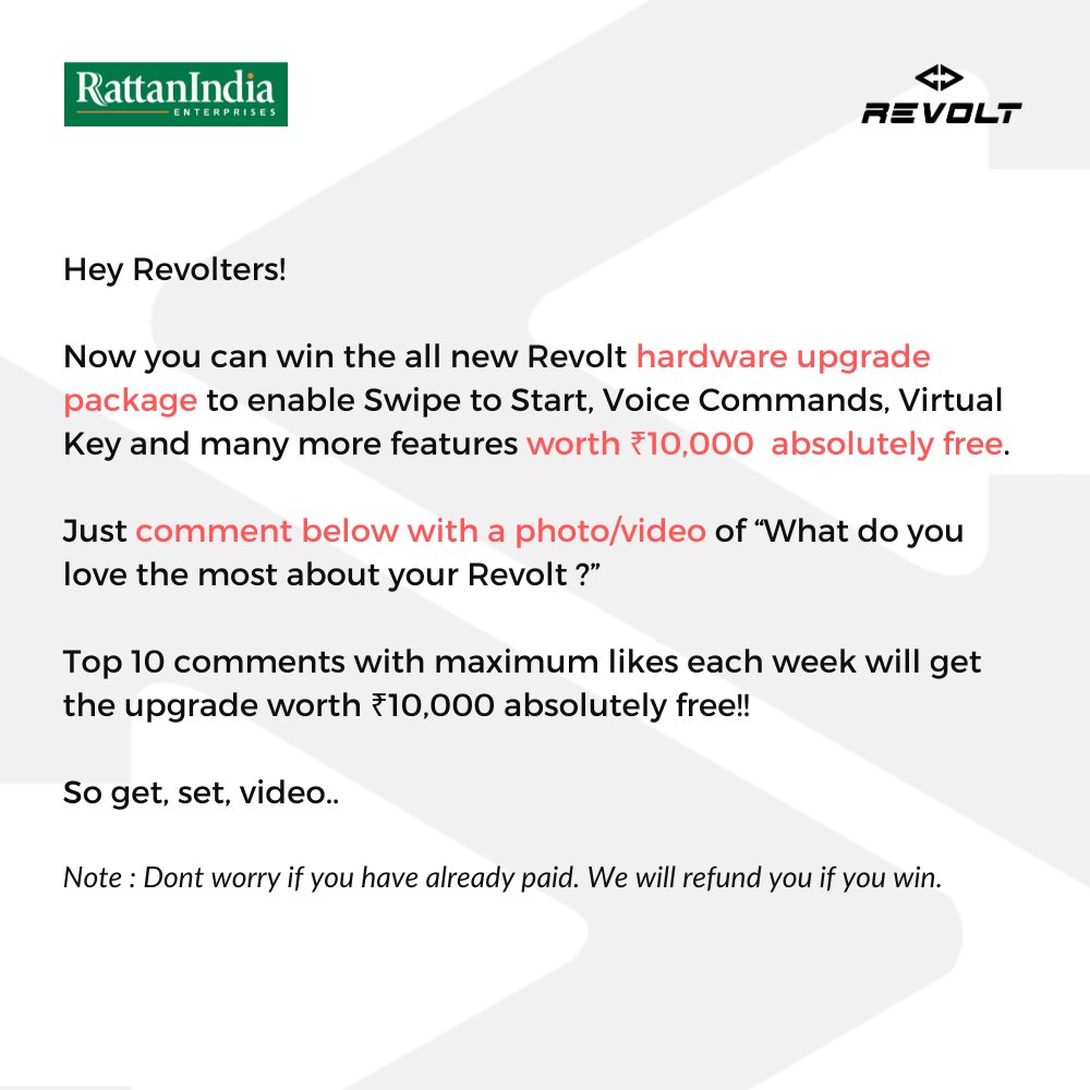 RevoltMotorsIN's tweet photo. Calling all Revolters! Here's your chance to win a free hardware upgrade for your RV400 and take your riding experience to new heights!

#RV400 #JoinTheRevolt #RideTheRevolution https://t.co/M3LBunFGSj