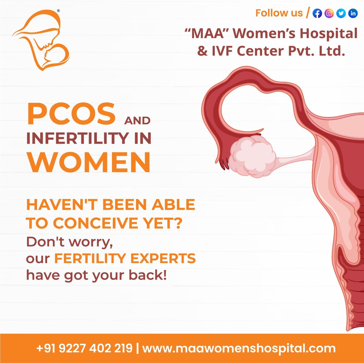 PCOS AND INFERTILITY IN WOMEN HAVEN'T BEEN ABLE TO CONCEIVE YET?

Don't worry, our FERTILITY EXPERTS have got your back!

#MaaWomensHospital #maternityhospital #gynecologist #pcos #infertility #weightloss #fertility #ivf #womenshealth #health #pregnancy #healthylifestyle