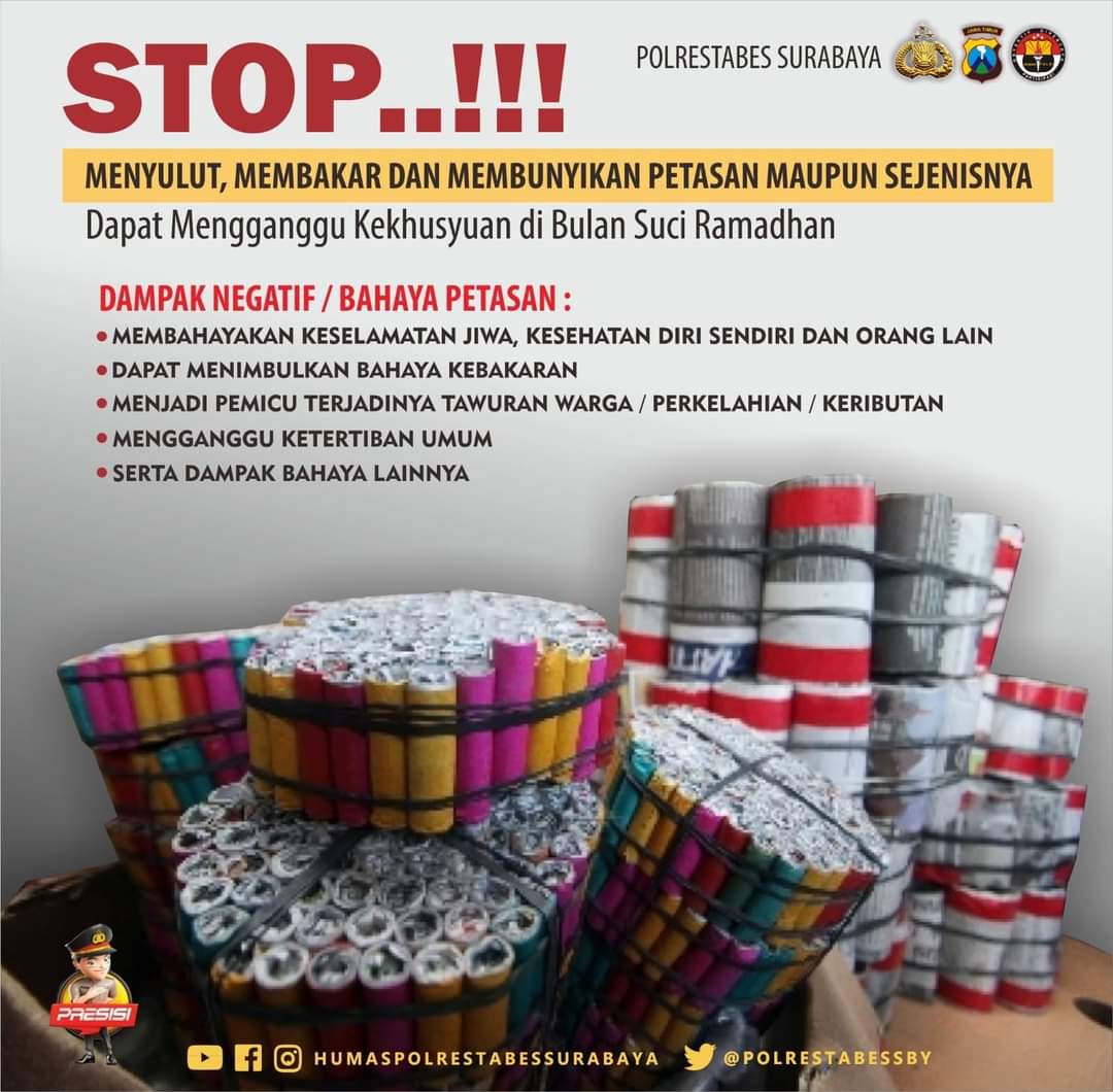 NKRI89159805's tweet photo. Stop Menyulut, Membakar dan Membunyikan Petasan Maupun Sejenisnya yang dapat Mengganggu Kekhusyuan di Bulan Suci Ramadhan.

#PolrestabesSurabaya https://t.co/Dr61MEFmT9