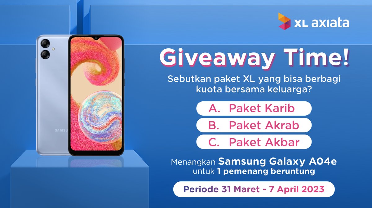 GIVEAWAY TIME!

Paket apa ya yang bisa bagi-bagi kuota sekeluarga? Yang tau jawabannya, ikutan aja yuk!
caranya:
1. Follow <a href="/XLAxiata_Tbk/">XLAxita</a> &amp; <a href="/myXL/">XL</a>
2. Reply jawaban 
3. Sertakan hashtag #JadiLebihBaik
4. Like &amp; retweet postingan ini

Semoga kamu beruntung!