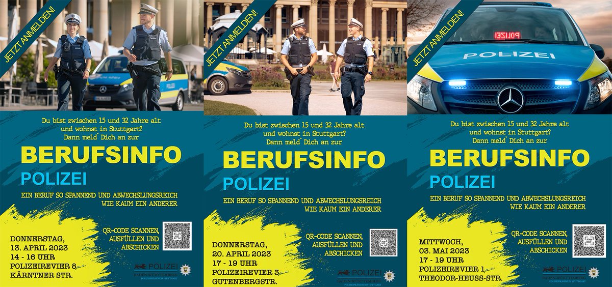 PP_Stuttgart's tweet photo. #Berufsinfo bei den Polizeirevieren: Informiert Euch am 13. April beim Revier 8, am 20. April beim Revier 3 oder am 3. Mai beim Innenstadtrevier 1. Mehr Infos gibt's im Bild. Jetzt formlos per E-Mail anmelden 📧 stuttgart.berufsinfo@polizei.bwl.de Eure #Polizei #Stuttgart https://t.co/Ap2BPA89l5
